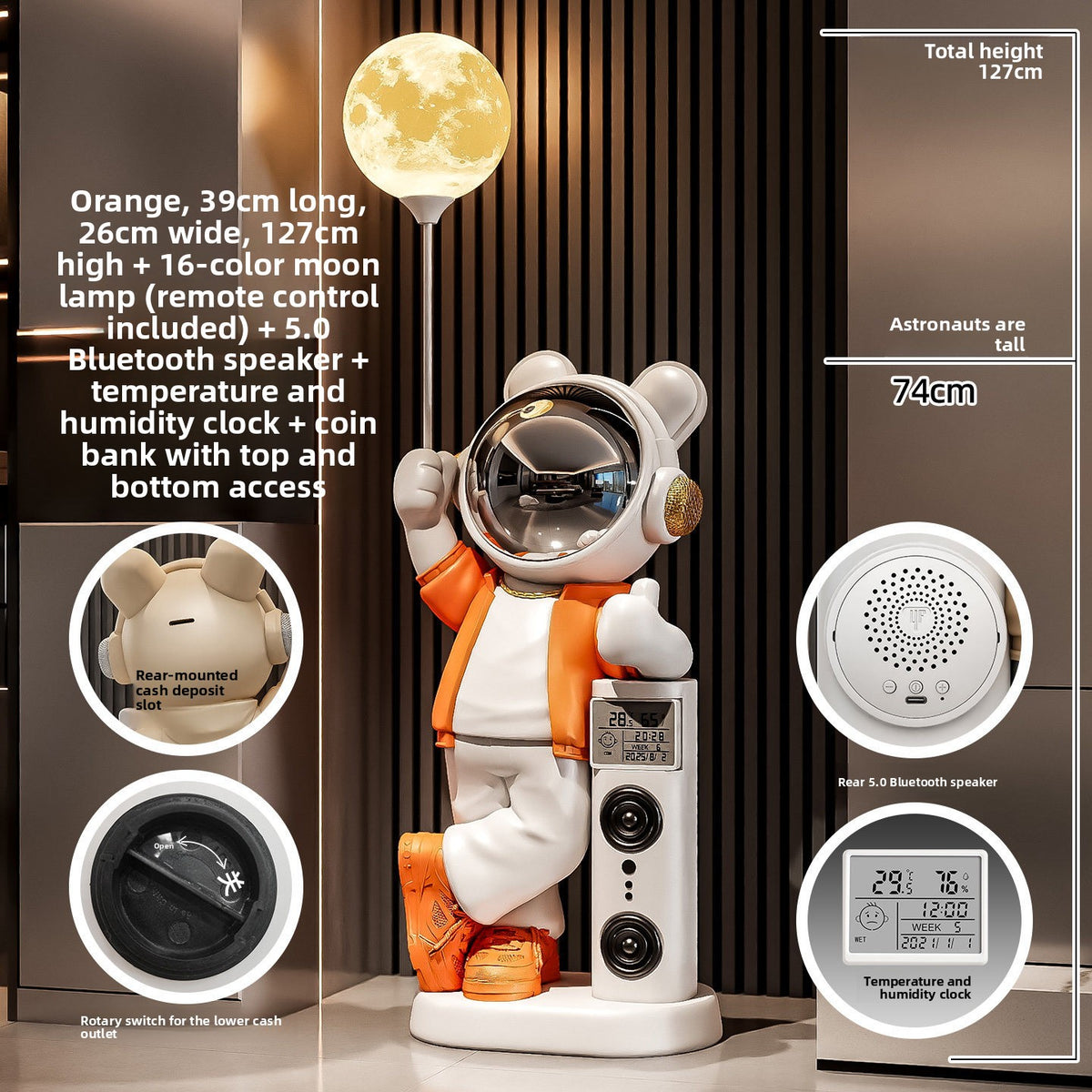 Orange astronaut bear statue 127 cm total height with moon lamp, Bluetooth speaker, clock and coin bank callouts