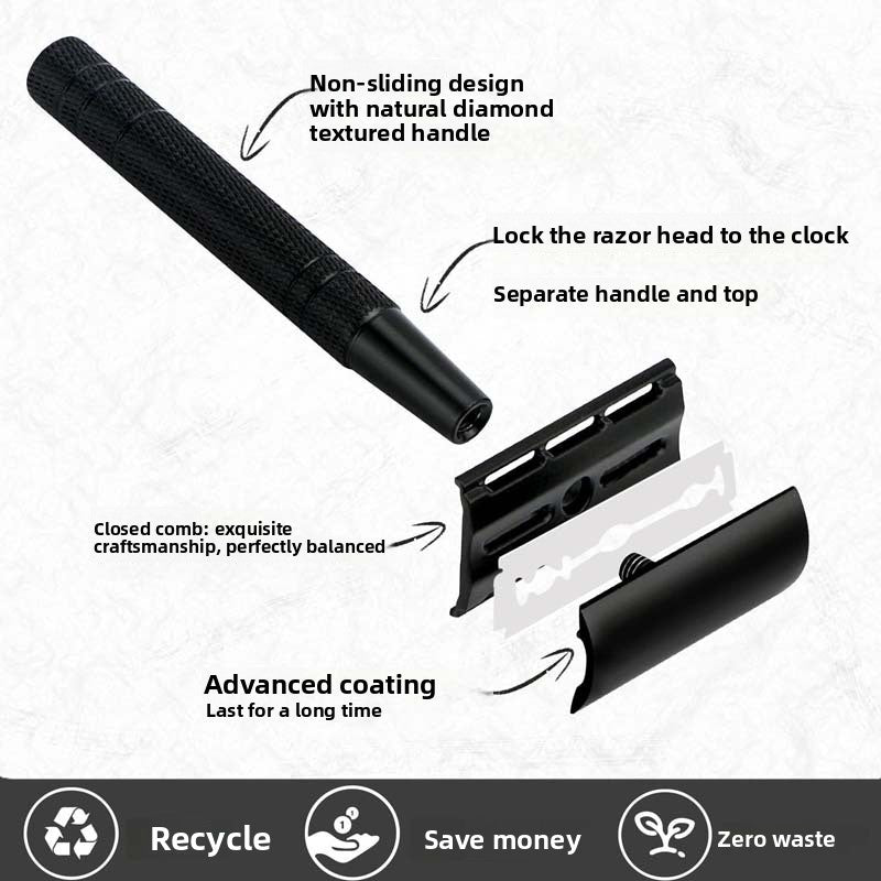 Matte black safety razor shown in parts, textured handle beside the closed comb head and blade