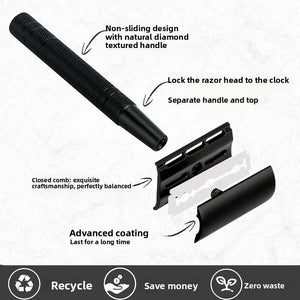 Matte black safety razor shown in parts, textured handle beside the closed comb head and blade