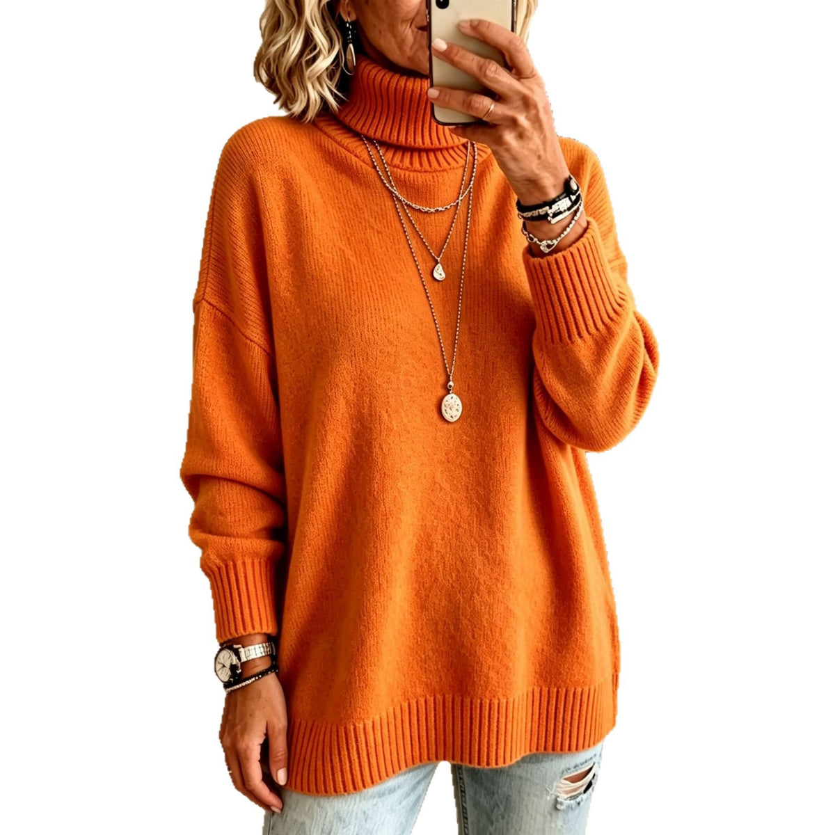 Woman in an orange turtleneck knit sweater with ribbed cuffs and hem on a white background
