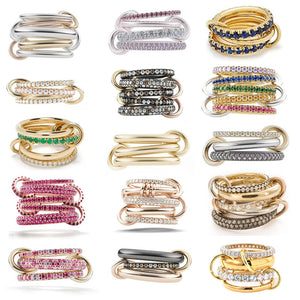 Side profile of the linked stacked band ring showing the joined slim bands