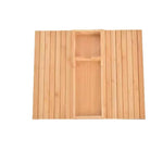 Flat view of a natural bamboo slatted sofa armrest tray with a long central compartment on a white background