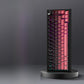 Blackberry Pink option, black keyboard with black to pink gradient keycaps and purple backlight on a stand