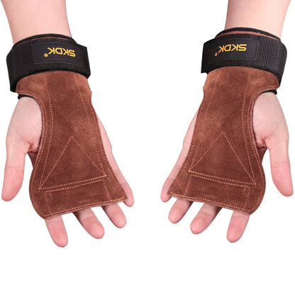 Pair of suede cowhide leather weightlifting hand grips worn on both hands