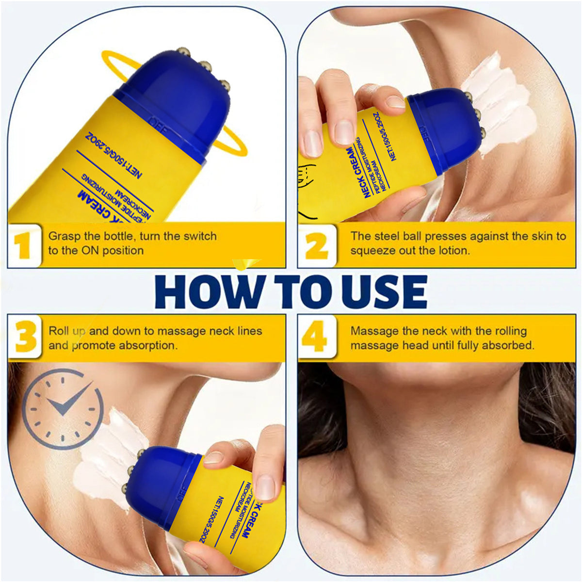 Four step how to use guide turning the cap on and rolling the neck cream up and down to absorb into the skin