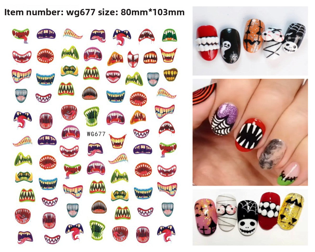 Vinyl Halloween nail stickers featuring bats, spiders and cobweb motifs