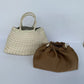 Milky white woven PU handbag with braided handles, Milky white variant with a brown pouch
