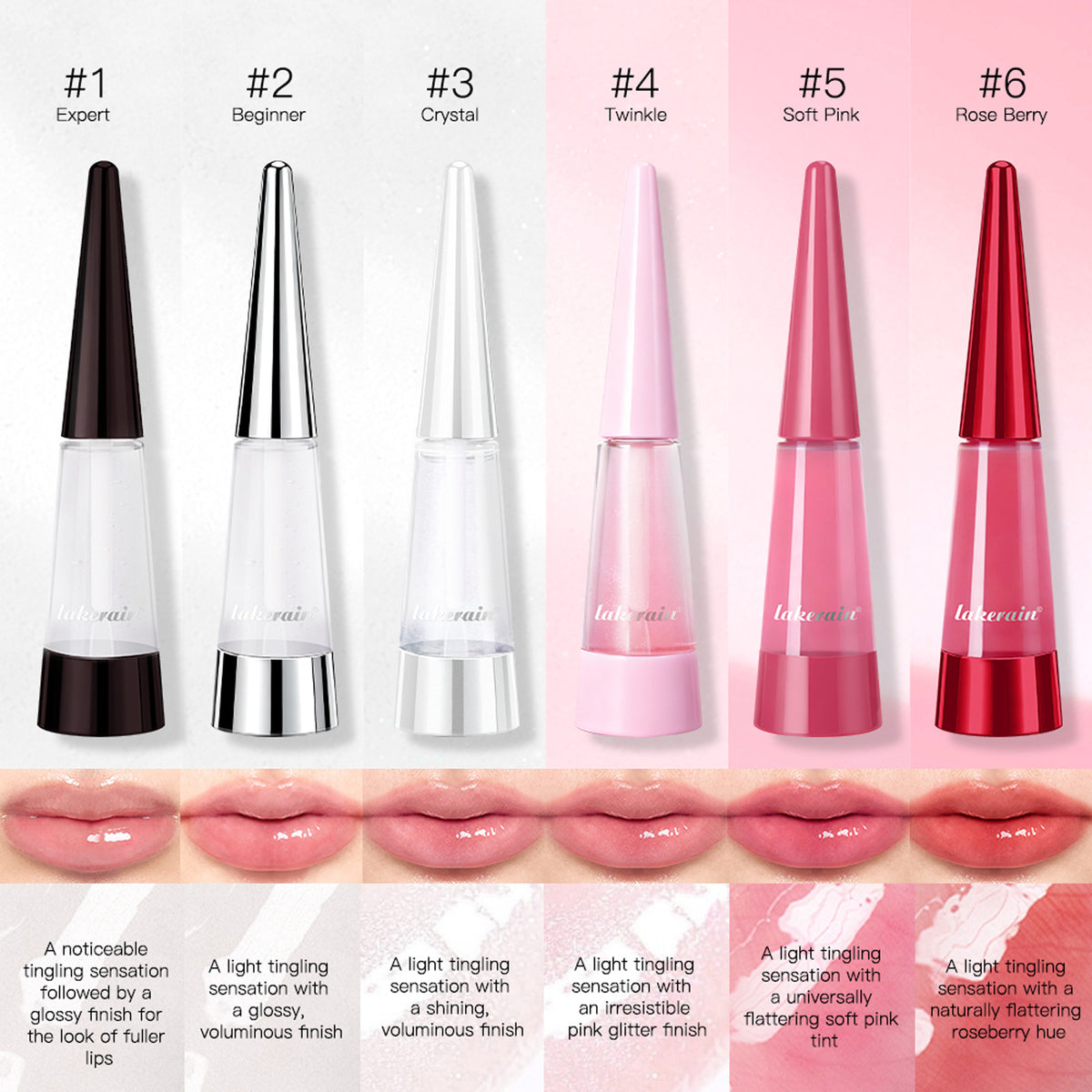Lakerain lip plumper shades 1 to 6 in tapered bottles with lip swatches and tingle descriptions
