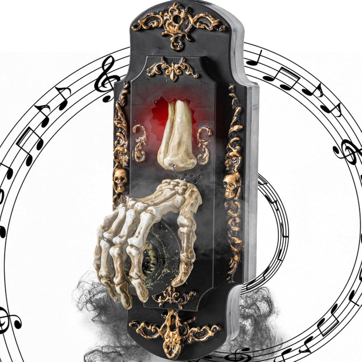 Ornate black Halloween doorbell plaque with a skeleton hand and nose design ringed by music notes