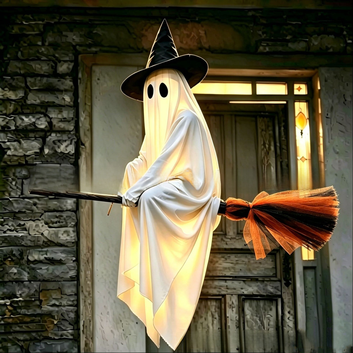 White ghost decoration on a broom with an orange and black broom tail
