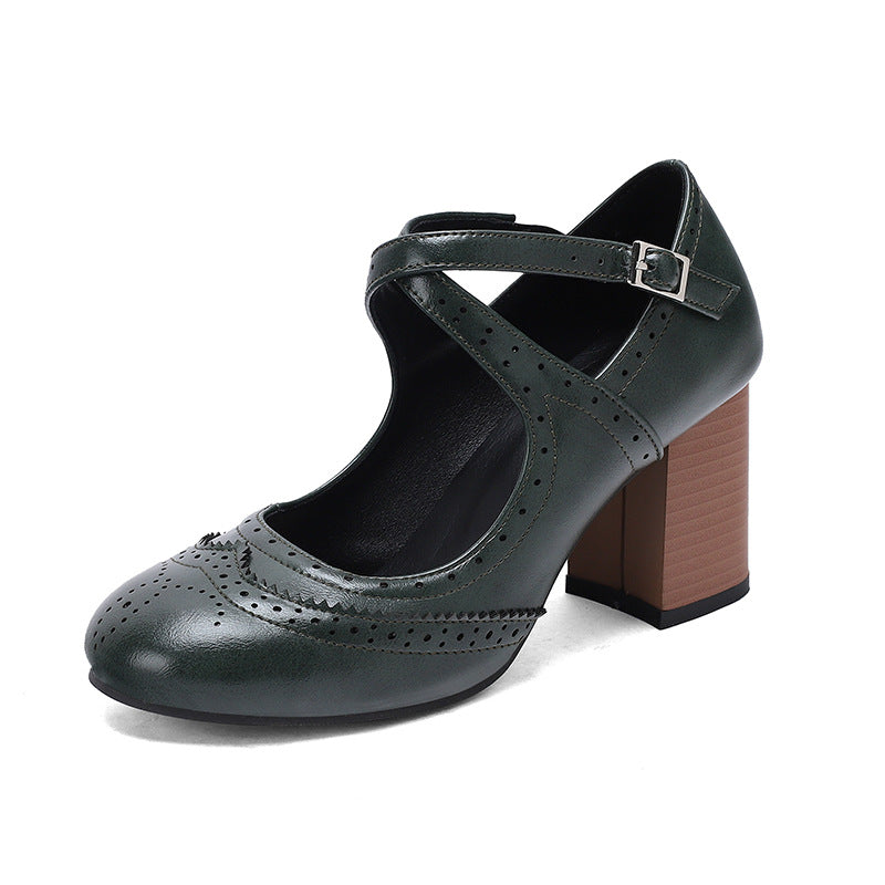 Dark green brogue Mary Jane block heel pump with cross ankle strap on white, EU size 36 option