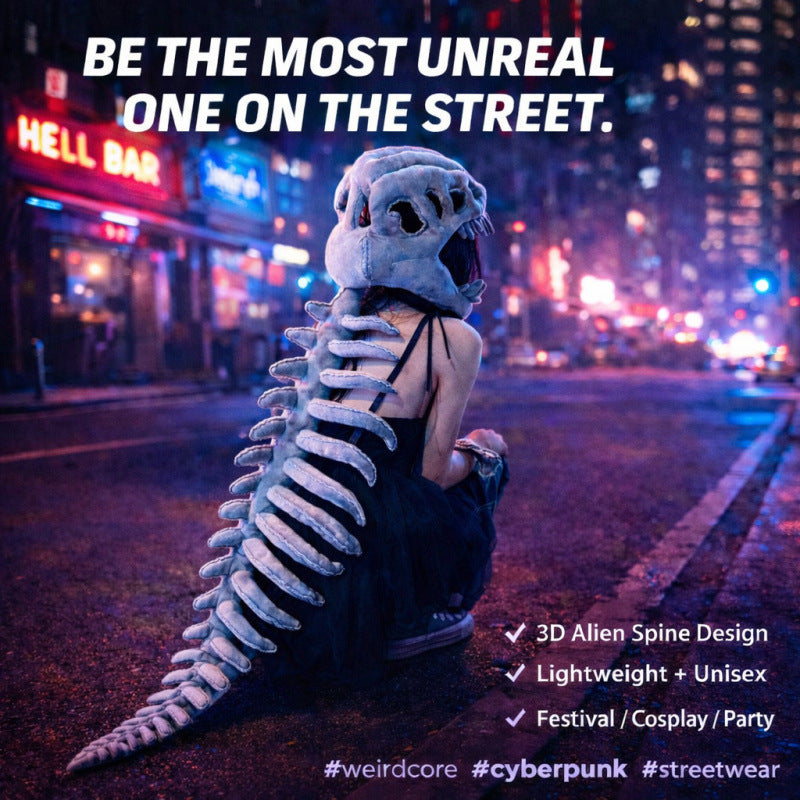 Person wearing the plush dinosaur skeleton headgear from behind on a neon lit night street