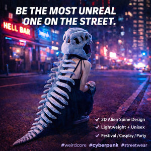 Person wearing the plush dinosaur skeleton headgear from behind on a neon lit night street
