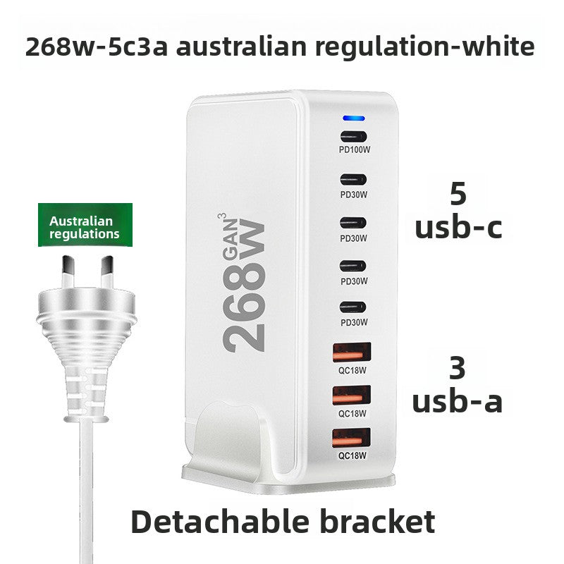 GaN desktop charging station shown from the side, a compact upright tower with port labels