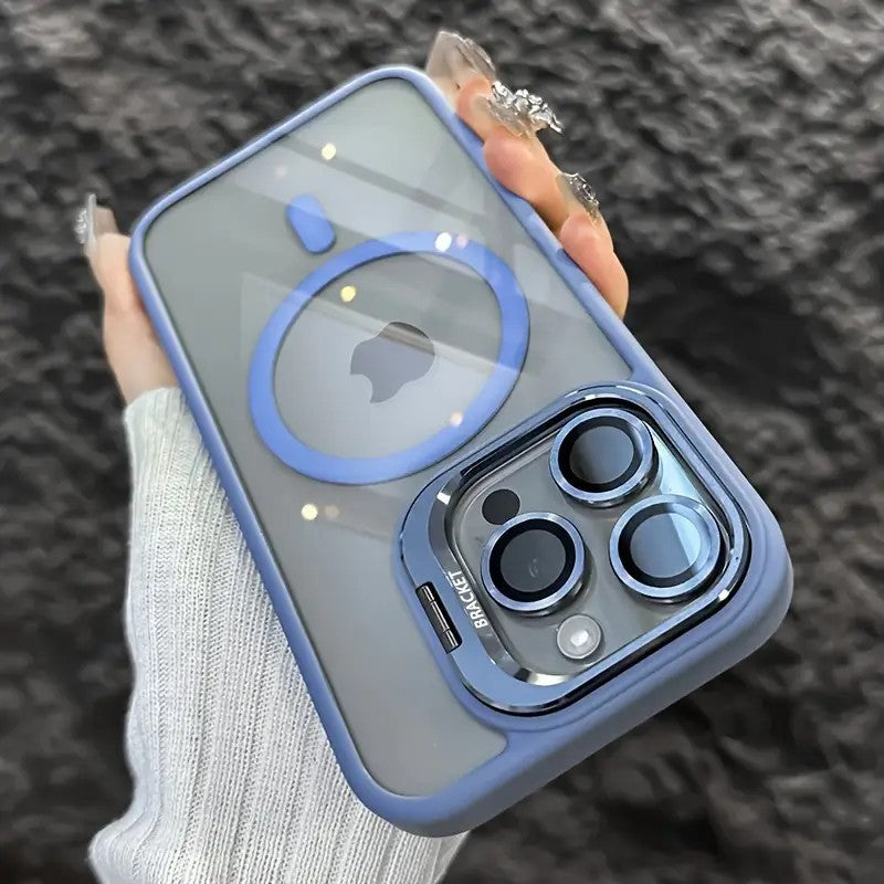 Magnetic protective translucent phone case with a fold out camera stand compatible with iPhone