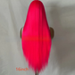 Back view of the 16 inch rose pink straight wig on a mannequin with the length label