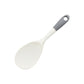 Gray and white silicone rice paddle with a rounded head and a hanging hole on white