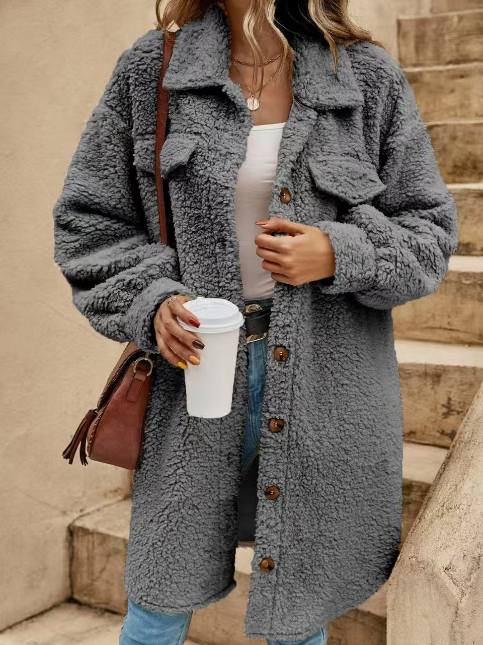 Womens plush fleece button front long coat in military green, shirt collar detail