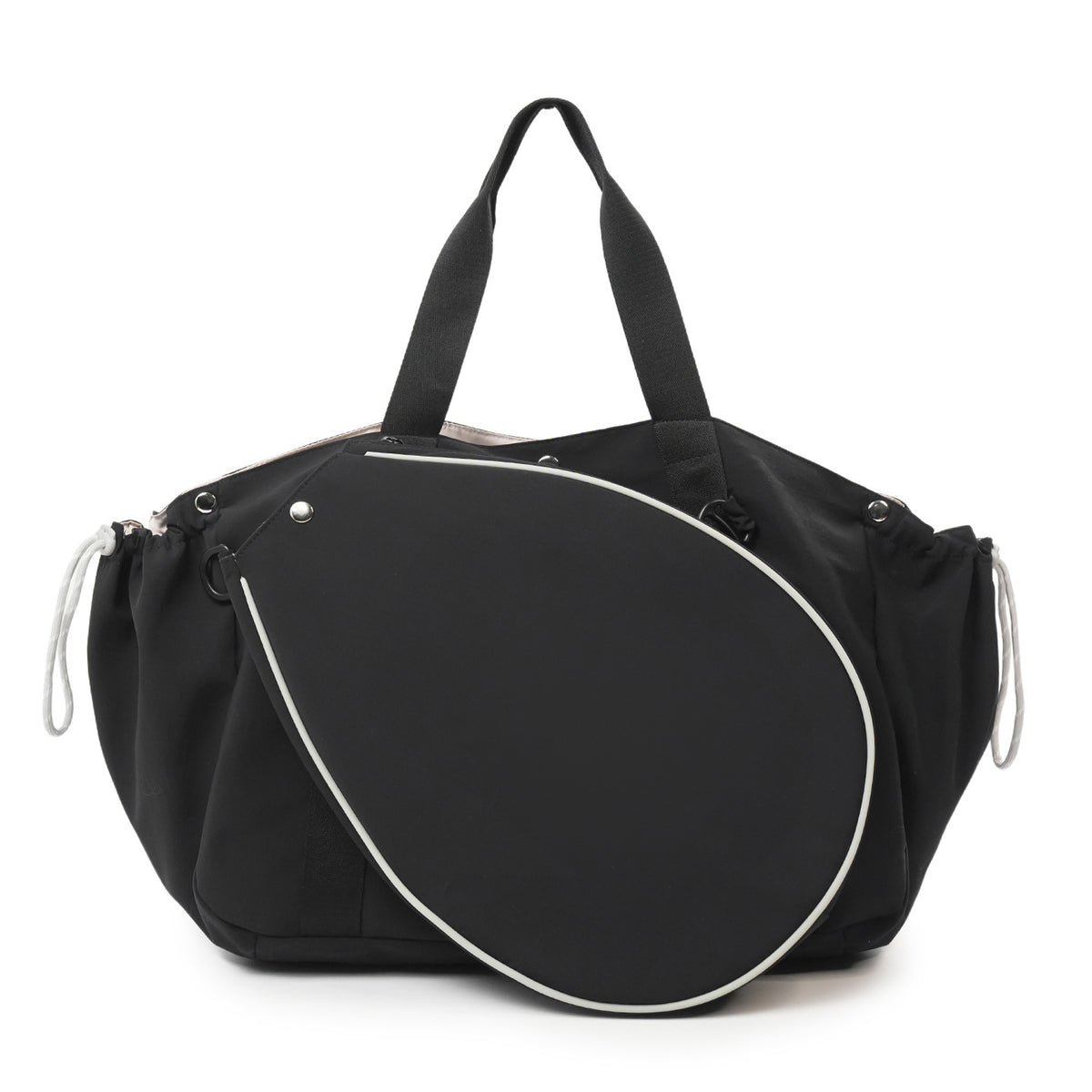 Black sports bag with white piping around the racket-shaped front panel, Black variant