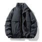 Black padded bomber jacket with fleece lined stand collar, snap placket and ribbed cuffs, front view, size XL