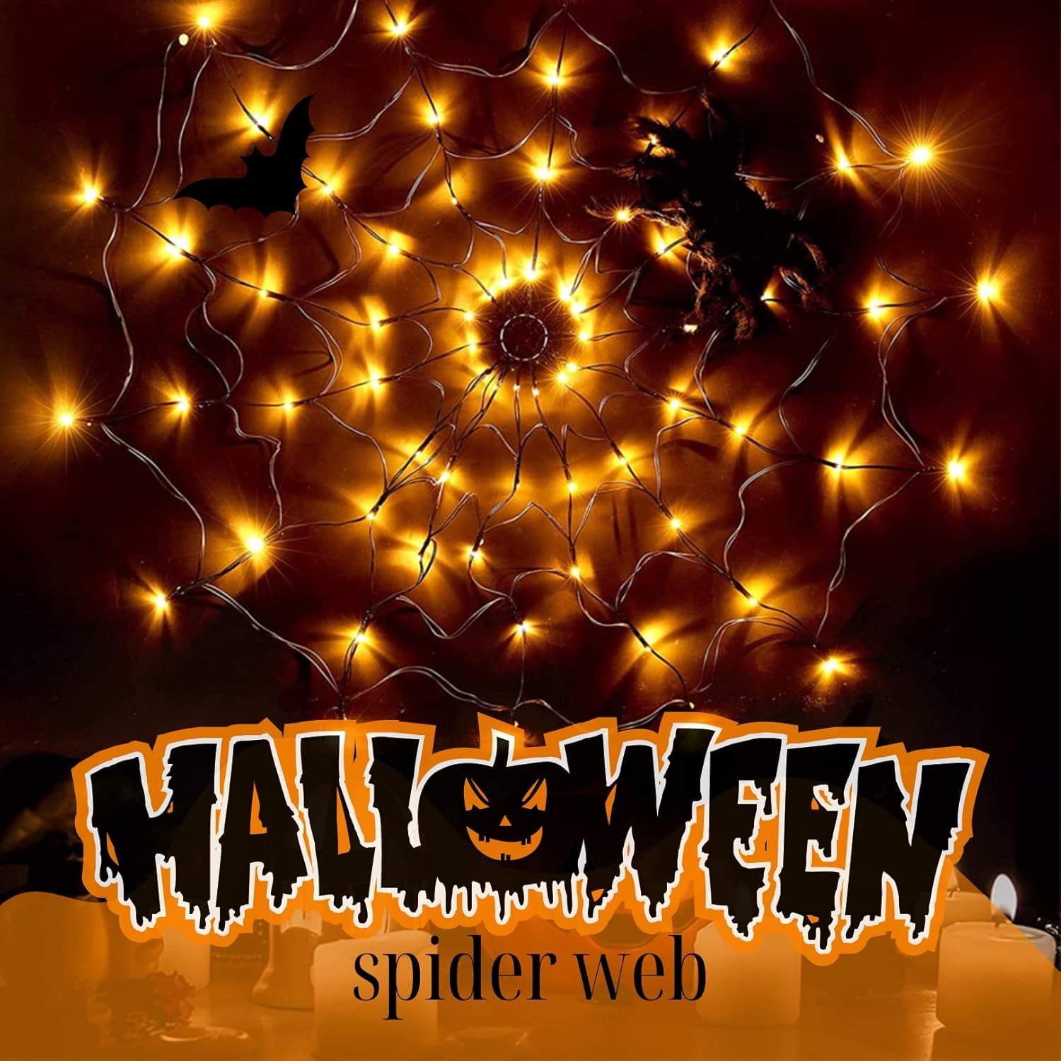 Orange glowing spider web net light beside a Halloween spider web text banner