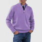 Purple mens acrylic knit quarter zip stand collar pullover sweater worn by a standing male model