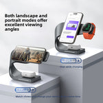 C-shaped 3-in-1 charging stand holding a phone sideways, a watch on its pad and earbuds in a case on the base
