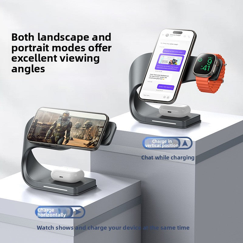 C-shaped 3-in-1 charging stand holding a phone sideways, a watch on its pad and earbuds in a case on the base