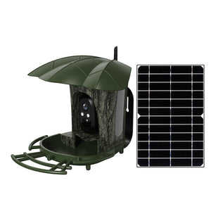 Green leaf roofed bird feeder with camera beside its black monocrystalline solar panel on white