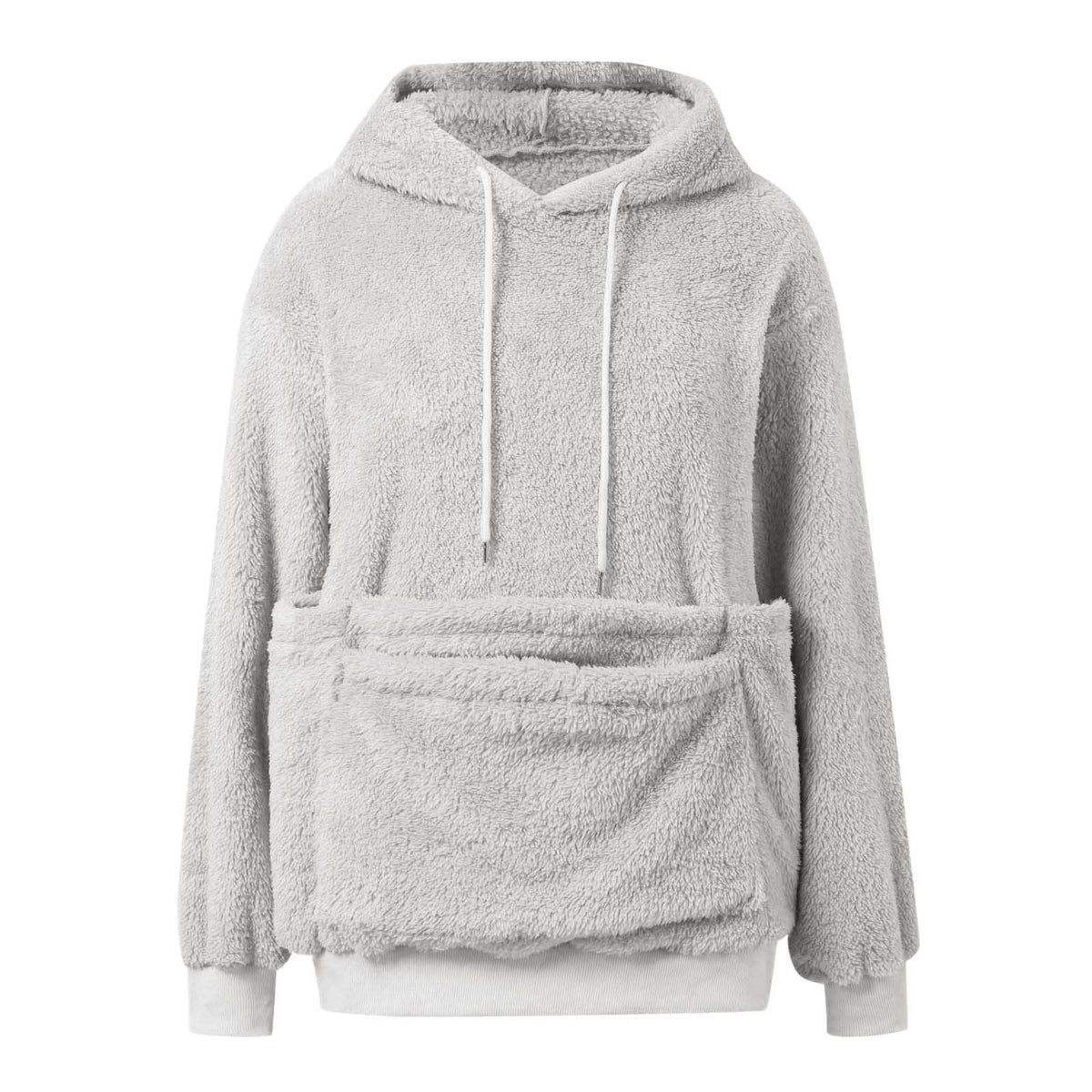 Light Gray option, size S: plush fleece hooded sweatshirt with white drawstrings and large front pocket
