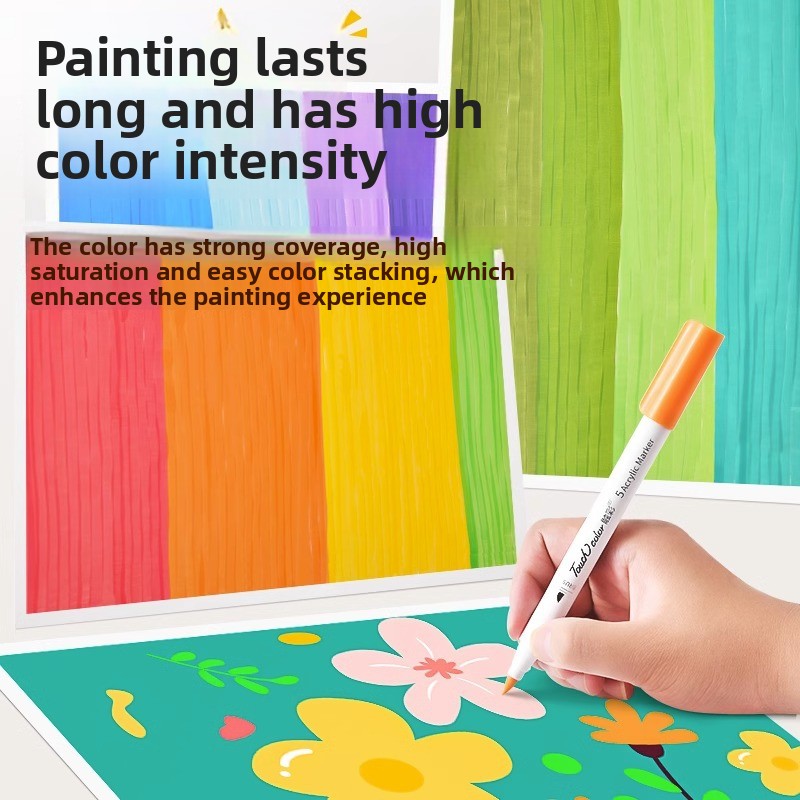 Hand drawing a flower with an acrylic brush marker next to bold vertical rainbow color swatches