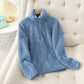Front view of the double sided plush fleece jacket, full length zipper up to the stand collar
