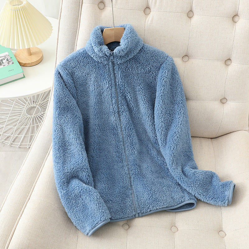 Front view of the double sided plush fleece jacket, full length zipper up to the stand collar