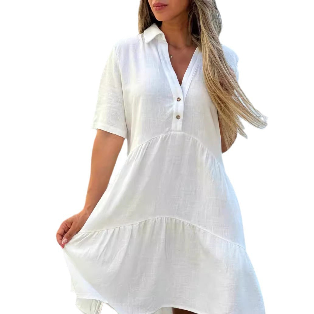Black short sleeve cotton and linen tiered shirt dress front view with short sleeves and a mid length hem