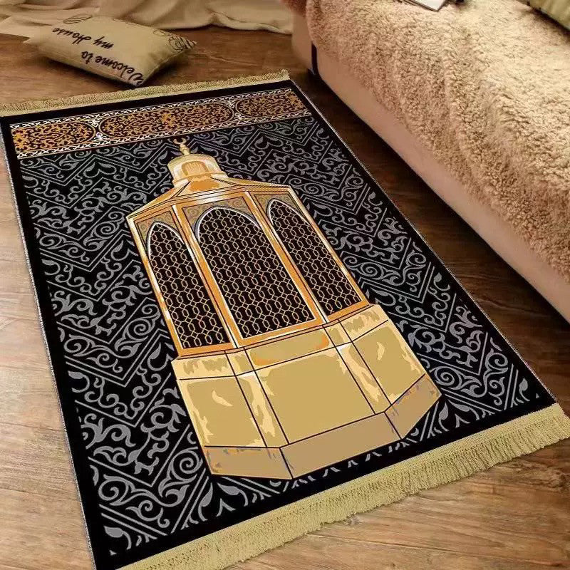 Plush velvet Islamic prayer mat with a printed ornamental design and fringed ends on a wood floor