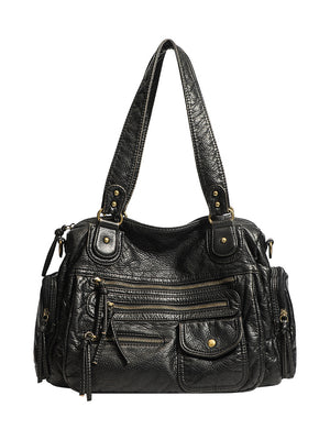 Black multi-zipper motorcycle bag showing front zipper closures