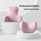 Pink contoured lumbar back cushion and neck headrest pair on white podium