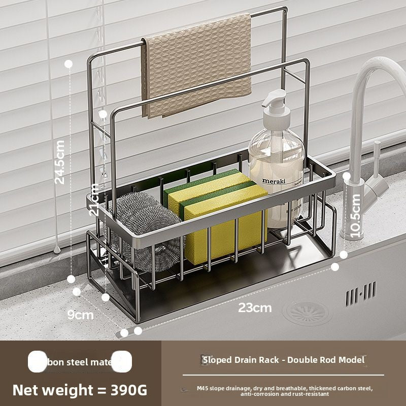 Carbon steel sink caddy with a cloth rod holding a towel beside the kitchen sink