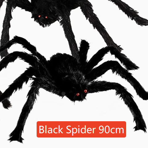 Hairy black Halloween spider prop with red eyes, flocked body and eight posable bendable legs