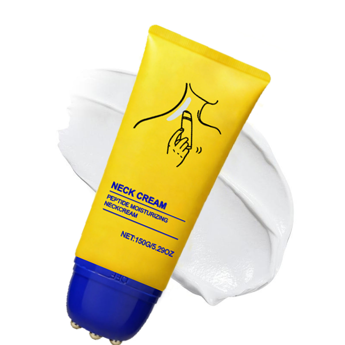 Yellow peptide moisturizing neck cream tube with blue roller cap standing upright beside a white cream swatch