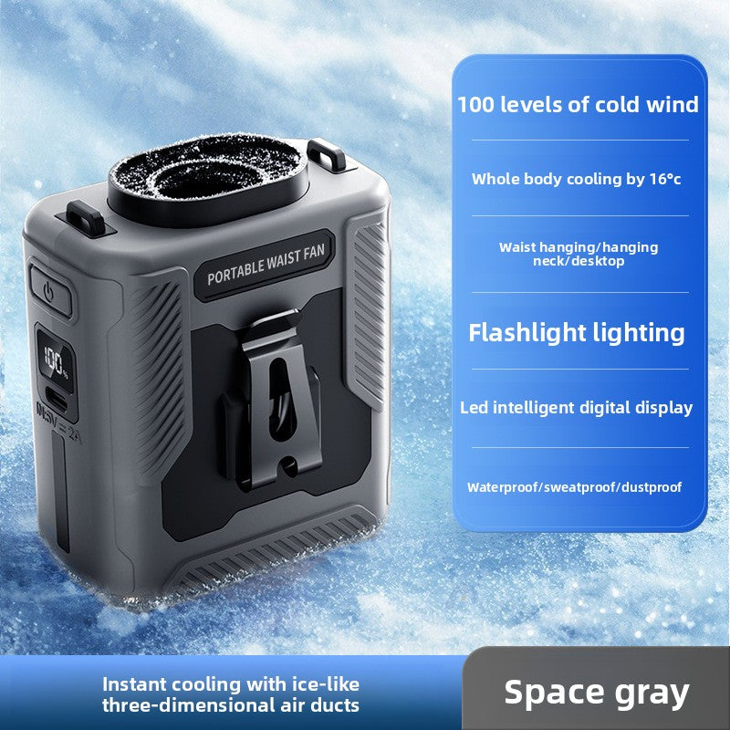 Grey waist fan on ice, charge percentage window, power key and USB C port on the flank