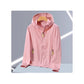 Pink lightweight hooded zip jacket with front zip, zip pockets and elastic cuffs on a wooden hanger