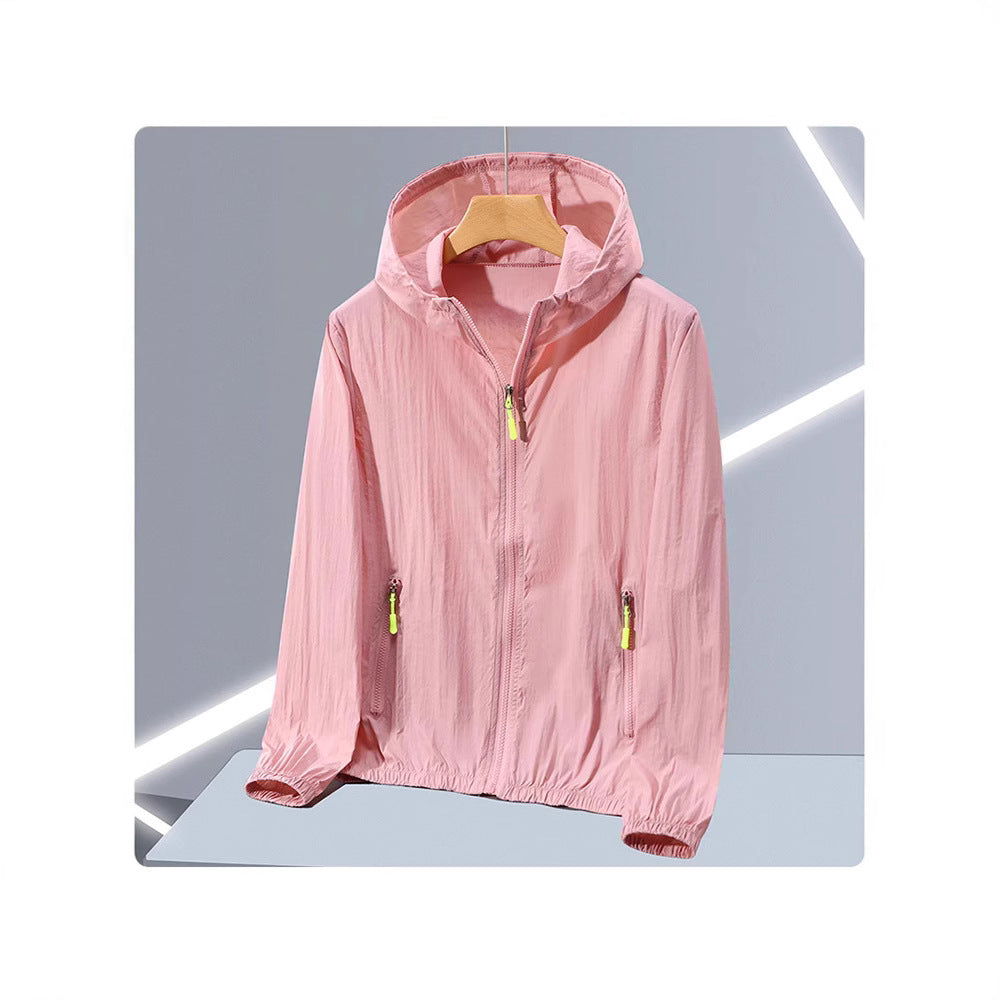 Pink lightweight hooded zip jacket with front zip, zip pockets and elastic cuffs on a wooden hanger