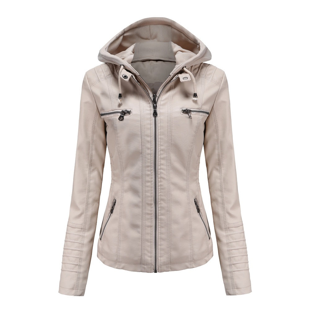 Off white PU leather jacket with detachable hood, size S option