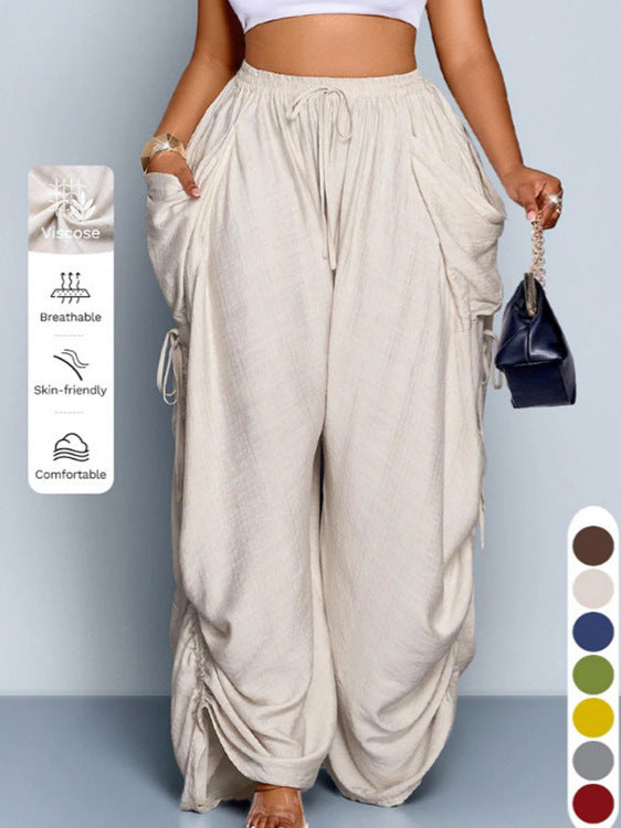 High waist wide leg linen look viscose drawstring trousers, the soft viscose linen look fabric close up