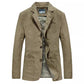 Khaki single-breasted men's blazer jacket with notch lapel, three buttons and striped lining, front view