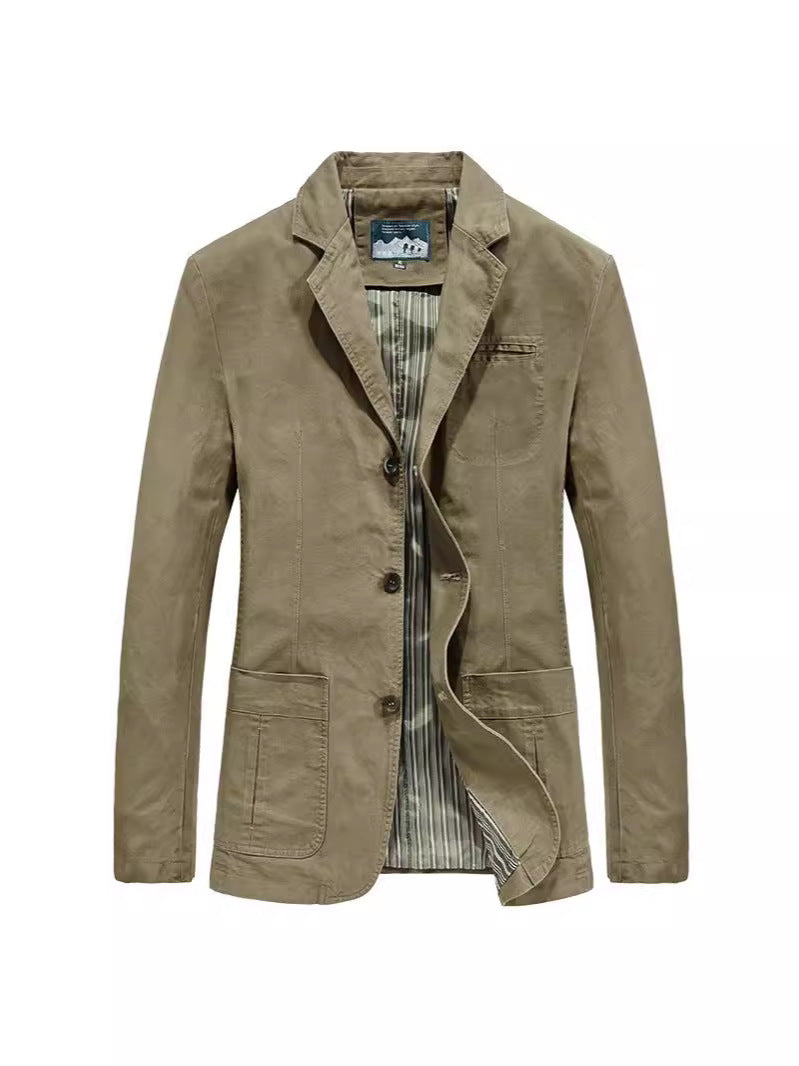 Khaki single-breasted men's blazer jacket with notch lapel, three buttons and striped lining, front view