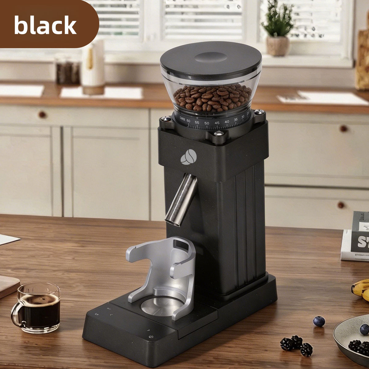 Black coffee grinder base with flat touch control panel and stainless catch cup