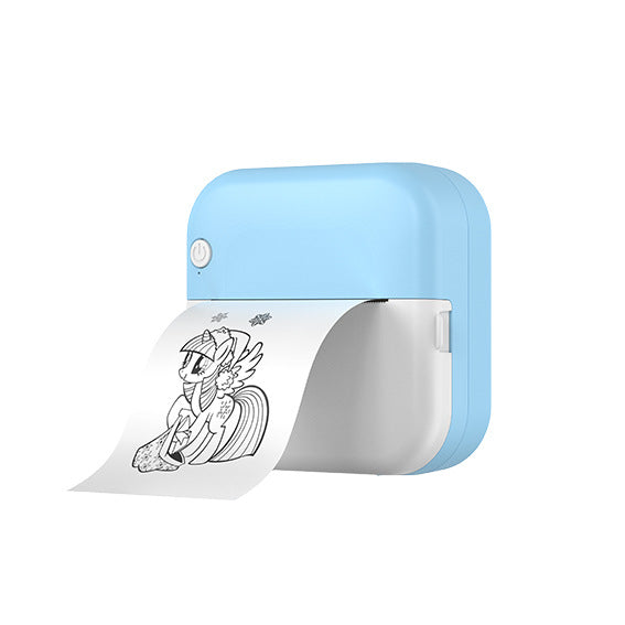 Light blue thermal printer feeding a printed pony line drawing from its side slot, M3 blue option