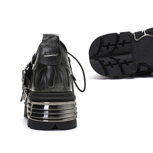 Rear and outsole view of the platform shoe showing the ribbed chrome heel plate and lugged rubber tread